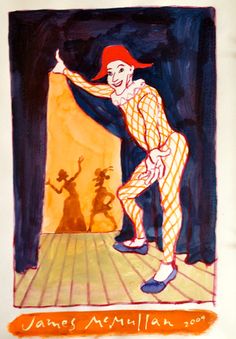 a drawing of a man standing on top of a wooden floor next to a curtain