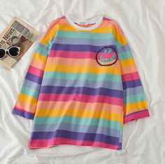 Kawaii Tops, Korean Kawaii, Mha Dr, Autumn Tops, Patchwork Top, Rainbow Shirt, Tops Casual, Loose Outfit, Tyler The Creator