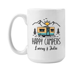 a white coffee mug with the words happy campers and an image of a trailer