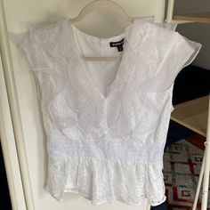 This Short Sleeved Blouse Is Brand New With Tags - Originally $88! It Is White/Off-White And Has Lace And Ruffle Detail Throughout. Women’s Size Small Messages And Offers Welcome! Bundle 3 Items For 10% Off! White Peplum Blouse For Brunch, Elegant White Tops With Ruffle Hem, Elegant White Top With Ruffle Hem, Fitted White Blouse With Ruffle Hem, White Peplum Top For Party, White Top With Ruffle Hem For Party, White Ruffle Hem Top For Party, White Party Top With Ruffle Hem, White Peplum Blouse With Ruffles