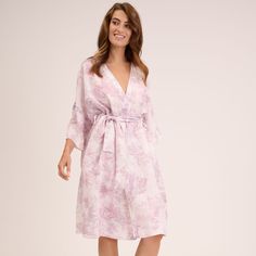 Custom print on linen. Small batch. Luxurious and delicate designs speak of the magic of summer inviting to relax. The robe kimono is cut for a relaxed fit, ensuring it looks flattering on many body shapes. It features generous kimono proportions and is fastened with a linen sash tie.   Linen is a naturally anti-static fabric that collects less dust and is therefore healthier for you. Linen is a 100% plant-based fabric. Its cultivation and production conserves water, does not pollute, does not l Pink Kimono Dress, Pink Dressing Gown, Pink Kimono, Linen Kimono, August Birthstone Jewelry, July Birthstone Jewelry, Gifts For New Mums, August Birth Stone, Pearl Jewellery Earrings