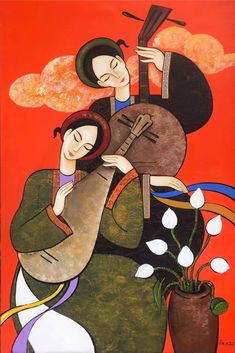 a painting of two people playing the guitar