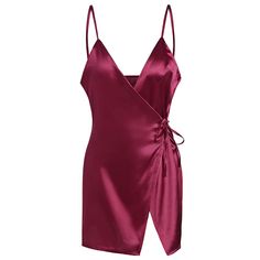 Spaghetti Strap Satin Wrap Dress - Wine Red - 3Q24660215 - Original Design-Women's Clothing  #OriginalDesignWomensClothing #Original #DesignWomen's #Clothing Red Spaghetti Strap Dress, Purple Satin Dress, Purple Wrap Dress, Cami Outfit, Wine Red Dress, Purple Mini Dress, Red Wrap Dress, Satin Cami Dress, Red Satin Dress