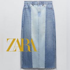 a women's jean skirt with the word zara printed on it and an image of