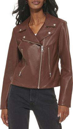 Levi's® Faux Leather Moto Jacket | Nordstrom Fall Leather Biker Jacket With Zip Fly, Leather Biker Jacket With Zip Closure For Fall, Fall Outerwear With Asymmetrical Zip Closure, Trendy Leather Jacket With Asymmetrical Zip For Fall, Edgy Leather Outerwear For Fall, Trendy Asymmetrical Leather Jacket For Fall, Brown Asymmetrical Zip Outerwear For Spring, Fall Biker Leather Jacket With Zipper, Fall Biker Leather Jacket With Zipper Closure