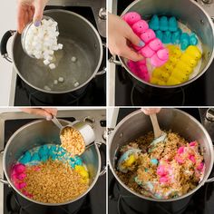 four pictures showing how to make marshmallows in a pot on the stove