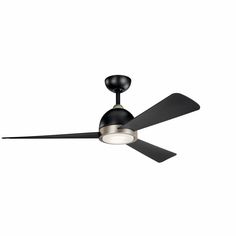 a ceiling fan that is black and silver