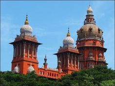 two large red buildings with white domes on top and trees in the foreground against a blue sky