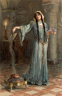 “She was known to have studied magic while she was being brought up in the nunnery.” (1914) By W. H. Margetson from: Legends of King Arthur and His Knights. Morgan Le Fay, King Arthur, Knights