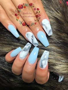 Sky Blue Marble Nails, Light Blue Marble Nails, Olivia Nails, Marble Acrylic Nails, White And Green Nails, Groot Dancing, Blue And White Nails, Water Nails, Natural Beauty Hacks