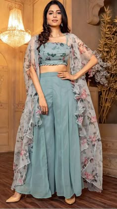 Georgette Shrug, Crop Top Outfits Indian, Crop Top Palazzo, Plazo Dress, Indian Outfits Modern, Suit Drawing, Indian Suit, Nykaa Fashion, Crop Top Lehenga