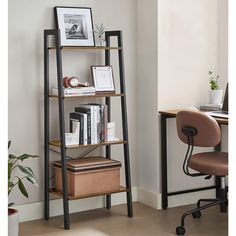 an office with a bookcase, chair and desk in the corner next to it