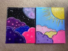 three canvases with different designs on them sitting on the floor