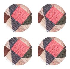 four buttons with different patterns on them in the shape of squares and rectangles