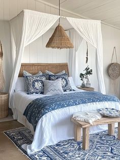 a bed with blue and white decor in a bedroom