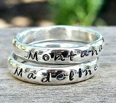 Size 10 2 rings! Hunter & Michaela Personalized Name Stacking Ring Custom Handstamped Engraved | Etsy Memory Rings, Memory Jewelry, Memory Ring, Mothers Day Rings, Mother Rings, Rings Silver, Personalized Rings, Memorial Jewelry, Ring Fit