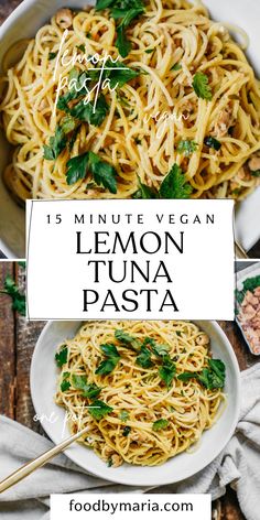 lemon tuna pasta in a white bowl with parsley on top