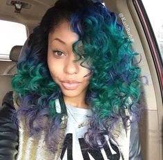 black girl with colorful hair | green hair | soft curls hairstyle | black women inspiration | blue hair Soft Curl Hairstyles, Blue Green Hair, Hair Colorful, Hair Dyes, Sew Ins, Ombré Hair, Big Chop, Hair Flip, Hair Laid