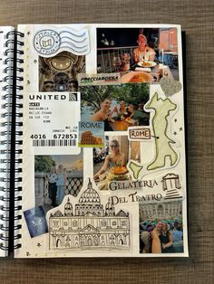 an open notebook with many pictures and words on it, along with the word italy