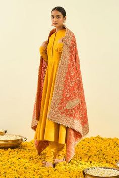 Pumpkin orange dupatta with Kashmiri tilla embroidery in floral motifs and bead work hem.
Component: 1
Pattern: Embroidered
Type Of Work: Tilla
Fabric: Raw Silk
Color: Orange
Other Details: 
Note: Kurta and pant worn by the model is not for sale
Occasion: Wedding,Mehendi - Aza Fashions Sheetal Batra, Tilla Embroidery, Velvet Dupatta, Plain Dresses, Styling Outfits, Pakistani Fashion Party Wear, Silk Set, Embroidered Dupatta, Pantsuits For Women