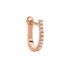 This dainty mini hoop earring hugs the earlobe with 18k recycled gold and a row of 18 diamonds that add a subtle, yet eye-catching sparkle to the piece. The Huggie works perfectly as a pair or worn stacked up with other designs from the collection. Single Rose Gold Diamond Earring, Elegant Small Hoop Single Earring, Fine Jewelry Diamond Huggie Piercings, Elegant Small Hoop Cubic Zirconia Piercings, Elegant Small Hoop Piercings With Cubic Zirconia, Elegant Yellow Gold Small Hoop Piercings, Diamond Huggie Cartilage Earrings Fine Jewelry, Elegant Small Hoop Cubic Zirconia Piercing, Elegant Small Hoop White Gold Piercings