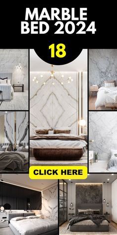 a collage of photos showing the interior of a bedroom with marble walls and flooring