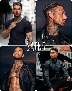 four different pictures of men with tattoos on their chests and arms, one is wearing a leather jacket