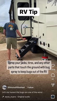 a man standing next to a white rv with the words rv trip written on it