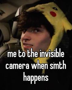 a man wearing a pikachu hat with the caption me to the invisible camera when smith happens