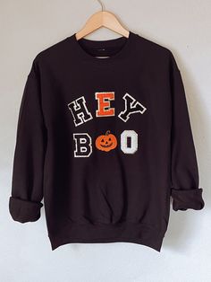 *Fleece Crewneck/cotton blend *patches *Unisex *For loose fit, go up 1 size *For oversized, go up 1-2 sizes  *Soft Feel Good Material  -Medium sizing 22W 28L -Handmade ATX -Handwash or machine wash inside out cold Spooky Long Sleeve Sweatshirt For Fall, Spooky Cotton Sweatshirt For Fall, Oversized Spooky Sweatshirt For Fall, Spooky Crew Neck Sweatshirt For Fall, Chenille Patch Sweatshirt, Hey Boo Halloween, Hocus Pocus Tee, Boo Yall, Patch Sweatshirt