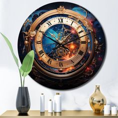 a large clock on the wall with an image of a star in space behind it