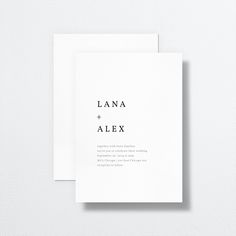 an image of a wedding card with the word lana and alex printed on it in black ink