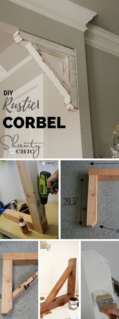 several pictures showing how to make a diy rustic corbel frame with wood