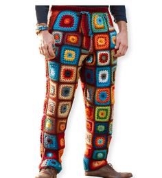 Crochet Granny Square Mens Trousers 100% Hand Knitted  Please Choose the number of the crochet pants  style you like at check out  🎉🛍️ Get Ready for a Delightful Treat! 🛍️🎉 🌟 30% OFF SALE HAS BEGUN! 🌟 Step into a world of style with our exclusive sale. Grab your favorites now and save big while stocks last! See more of our Men's knit pants here:  https://www.etsy.com/shop/CHANDAKA?ref=seller-platform-mcnav&section_id=31709631 See the rest of our store here:  https://www.etsy.com/shop/CHAND Granny Square Trousers, Boho Clothing Men, Festival Trousers, Pants For Man, Crochet Retro, Rave Pants, Pants Boho, Crochet Pants, Retro Pants