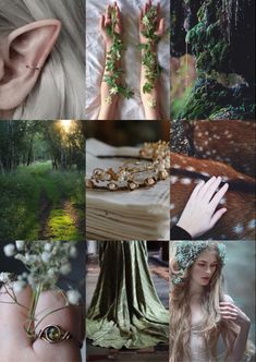 a collage of photos with different types of jewelry and flowers on their fingers, including an elf's hand