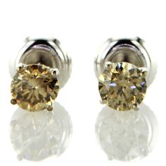 14K White Gold l Fancy Brown Color l SI1 clarity Classic Yellow Diamond Earrings, Classic Yellow Earrings With Brilliant Cut, Classic Yellow Earrings For Anniversary, Classic Yellow Round Earrings, White Circle, Halo Earrings Studs, Solitaire Studs, Cushion Diamond, Heart Shaped Diamond