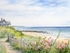 a painting of a house on the beach with flowers in front of it and a path leading to the water