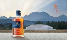 a bottle of liquor sitting on top of a road next to a monument with mountains in the background