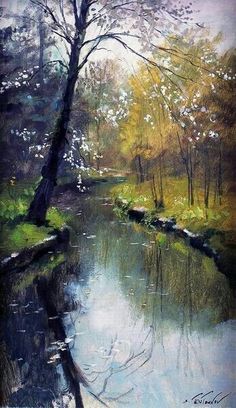 a painting of trees and water in the woods