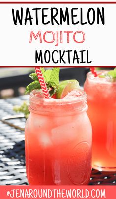 two glasses filled with watermelon mojito cocktails on top of a table