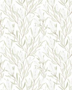 a white and green wallpaper with leaves on it