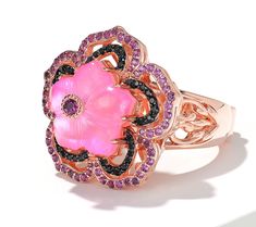 Embrace the exquisite beauty of this Dallas Prince doublet ring. Featuring a stunning carved flower design surrounded by gemstones, this piece brings a springtime vibe to your wardrobe year round. From Dallas Prince. Exquisite Flower Shaped Gemstone Rings, Fine Jewelry Multi-stone Flower Ring, Multi-stone Flower Ring Fine Jewelry, Flower Shaped Wedding Jewelry With Gemstone Accents, Flower-shaped Wedding Jewelry With Gemstone Accents, Elegant Pink Jeweled Rings, Exquisite Flower Shaped Gemstone Jewelry, Elegant Flower Shaped Jewelry With Gemstone Accents, Elegant Flower-shaped Jewelry With Gemstone Accents