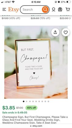 an image of a sign that says, but first champagne please and then get $ 3 95 off