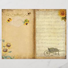 an old fashioned book with sunflowers and music notes on it, as well as a wheelbarrow