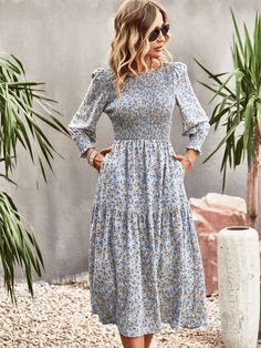 Fall Modest Dresses, Plus Size Elegant Dresses, Trading Places, Church Outfit, Engagement Dress, Shirred Dress, Ditsy Floral Print, School Style, Floral Print Maxi Dress