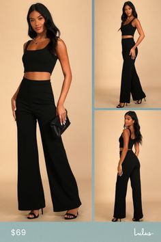 Spontaneous parties and nights out on the town call for the Lulus Only Tonight Black Two-Piece Wide-Leg Jumpsuit! This stretchy crepe knit jumpsuit is made of up a fitted crop top (with a square neckline and tank straps), and wide pant legs with a high-waisted fit. Hidden back zipper/clasp. Fit: This garment fits true to size. Length: Floor length. Size medium Inseam: 31.75 Front Rise: 11.75 Bust: Works best for A to C cup sizes - consider sizing up for fuller bust. Waist: Fitted - stretchy fabr Summer Stretch Pantsuit For Party, Casual High Waist Pantsuit For Party, Full Length Solid Jumpsuit For Party, Summer Party Stretch Pantsuit, Full-length Jumpsuit For Party, Full Length Party Jumpsuit, Casual Wide Leg Jumpsuits And Rompers For Party, Summer Pantsuit For Night Out, Summer Solid Color Pantsuit For Night Out