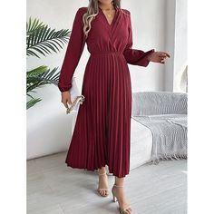 Season:Fall,Winter,Spring; Fabric:Satin; Sleeve Length:Long Sleeve; Look After Me:Machine wash; Gender:Women's; Style:Fashion,Modern; Elasticity:Micro-elastic; Occasion:Office,Workfashion; Fit Type:Regular Fit; Dresses Type:A Line Dress; Pattern:Plain; Design:Pleated; Neckline:V Neck; Sleeve Type:Bishop Sleeve; Front page:FF; Listing Date:07/17/2024; Bust:null; Length:null; Waist:null; Fit US Size:null; Fit UK Size:null; Fit EU Size:null; Dress Length Type:Long Dress Maxi Dress; Print Type:non-printing Solid Pleated Midi Dress For Winter, Fall Pleated Solid Midi Dress, Pleated Midi Dress For Fall, Formal Pleated Winter Dresses, Formal Pleated Dresses For Winter, Red Pleated Dresses For Winter, Red Pleated Dress For Winter, Winter Pleated Dress For Date Night, Winter Date Night Pleated Dress