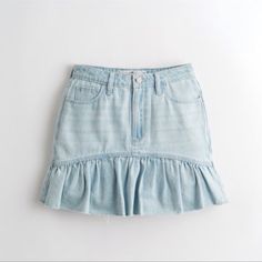 Hollister Light Wash Denim Ruffle Peplum Flare Raw Hem Skirt Nwt! Size 26 Flat Lay Measurements Are: Approx. 13.25” Waist Approx. 16” In Length Cute Denim Skirt For Summer, Summer Denim Tiered Mini Skirt, Trendy Ruffled Denim Skirt For Spring, Summer Ruffled Mini Denim Skirt, Spring Trendy Ruffled Denim Skirt, Trendy Spring Ruffled Denim Skirt, Cute Denim Skirt With Pockets For Spring, Summer Cotton Denim Skirt With Ruffles, Denim Mini Skirt With Ruffles