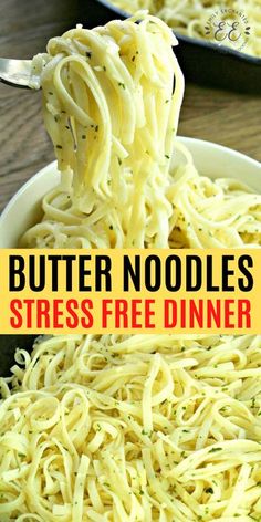 a bowl full of noodles with the words easy noodles butter and garlic on top