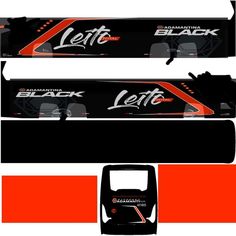 the side and back of a black snowboard with red stripes on it, next to an orange background